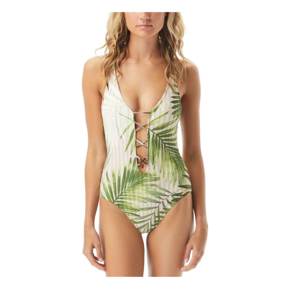 VINCE CAMUTO SWIM Women's Green Stretch Plunging Lace-Up One Piece Swimsuit 12